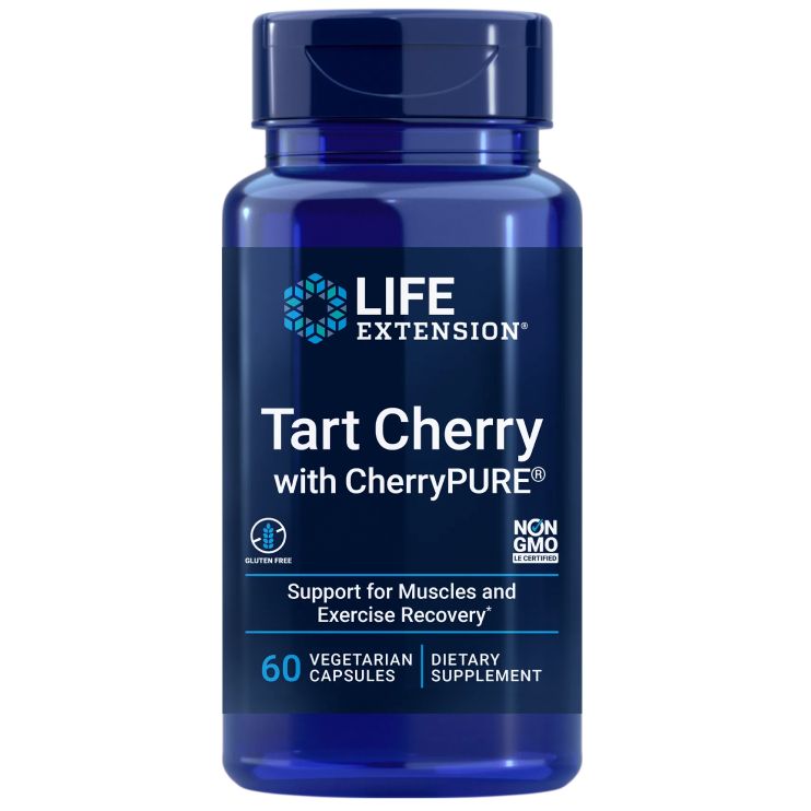 Life Extension Tart Cherry with CherryPURE®; sininen pullo Life Extension Tart Cherry with CherryPURE -ravintolisää, sisältää 60 kasvipohjaista kapselia; lieriömäinen muovipullo kiiltäväpinnalla ja vastaava sininen kierrekansi; etuetiketissä valkoista ja punaista groteskitypografiaa tummalla pohjalla; etiketti korostaa hapankirsikan tukea lihaksille ja liikunnasta palautumiselle; kuvattu vaaleaa taustaa vasten ilman ihmisiä tai käsiä.