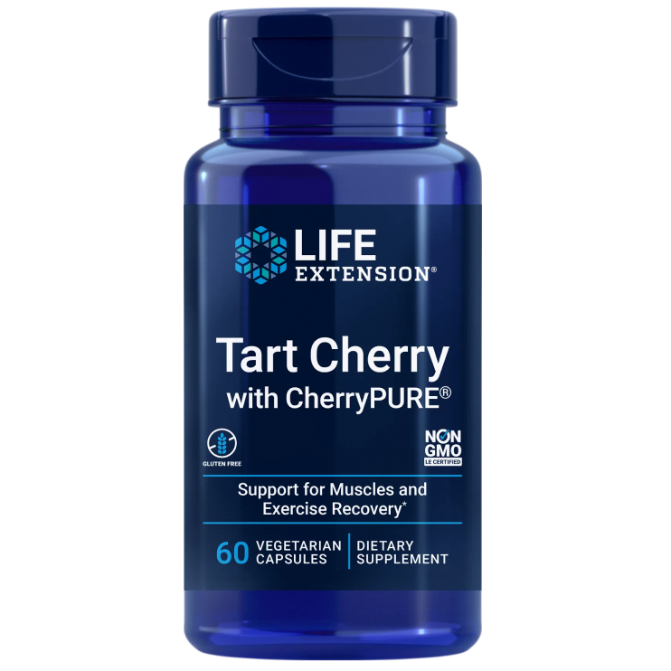 Life Extension Tart Cherry with CherryPURE®; sininen pullo Life Extension Tart Cherry with CherryPURE -ravintolisää, sisältää 60 kasvipohjaista kapselia; lieriömäinen muovipullo kiiltäväpinnalla ja vastaava sininen kierrekansi; etuetiketissä valkoista ja punaista groteskitypografiaa tummalla pohjalla; etiketti korostaa hapankirsikan tukea lihaksille ja liikunnasta palautumiselle; kuvattu vaaleaa taustaa vasten ilman ihmisiä tai käsiä.