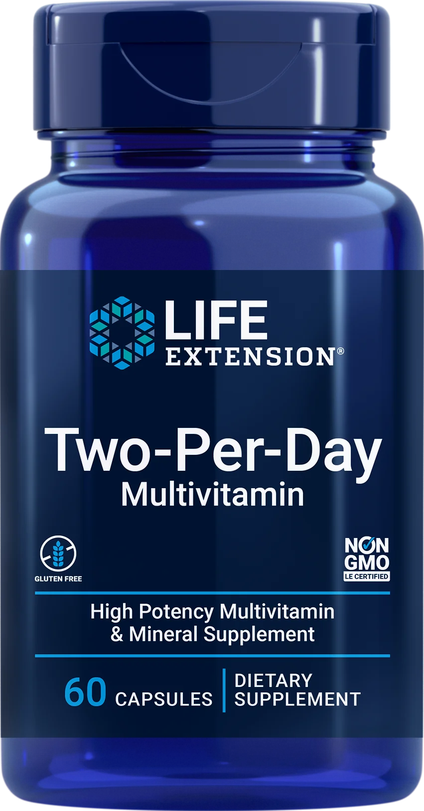 Life Extension Two-Per-Day Capsules; sininen muovipullo ruuvikorkilla, sylinterinmuotoinen ja mattapinnalla, keskitettynä kuvaan; etuetiketissä lukee: Life Extension Two-Per-Day Multivitamin, 60 tehokasta kapselia, gluteeniton ja muuntogeenitön; valkoinen ja vaaleansininen groteskityyppografia tummalla pohjalla; studiokuva pelkistetyllä valkoisella taustalla, ei ihmisiä tai käsiä kuvassa; tarjoaa kattavan ravitsemuksellisen tuen.