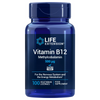 Life Extension Vitamin B12; sininen muovipullo kiiltäväpinnalla, lieriön muotoinen kierrekorkillinen; etiketissä teksti "Life Extension Vitamin B12 Methylcobalamin 500 µg", sisältää gluteenittomat ja 100 kasviskapselia, sans-serif-fontit valkoisena ja sinisenä valkoisella pohjalla; ei ihmisiä tai käsiä; neutraali tausta, tuote keskitettynä kuvassa.