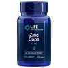 Life Extension Zinc 15 mg, sininen muovipullo kiiltäväpintainen, sylinterimäinen ja kierrekorkillinen; etiketissä lihavoitua valkoista ja sinistä typografiaa hopeanvärisellä pohjalla; ei käsiä eikä ihmisiä näkyvissä, tuote yksin valkoista taustaa vasten studiokuvassa; pakkauksessa 150 kasvipohjaista kapselia immuunipuolustuksen tueksi, etiketissä maininta gluteenittomuudesta.