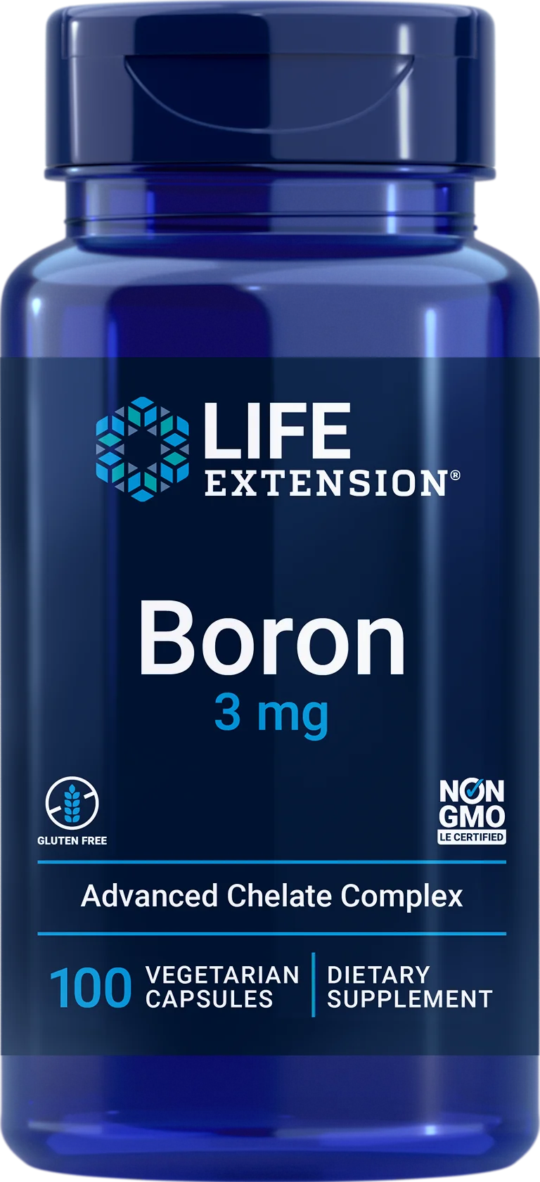 Life Extension Boron; sininen muovipullo kiiltäväpintaisena, lieriön muotoinen kierrekorkillinen; etiketissä vaihtelevia fonttikokoja ja -tyylejä, pääosin valkoista ja sinistä; luettavissa tuotenimi, annostus (3 mg), 100 kasviskapselia, gluteenittomuus, ei-GMO, ravintolisätiedot ja edistynyt kelaattikompleksi; neutraali tausta ilman ihmisiä tai muita esineitä.