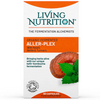 Living Nutrition Aller-Plex; rasia Living Nutrition Aller-Plex -ravintolisää, 60 kapselia, mattapintaista pahvia valkoisena vihrein ja oranssein tehostein; tuotekuvissa reishisientä, nokkosta, kurkumajuurta ja vihreitä lehtiä; lihavoitu tikkukirjasin- ja antiikvatypografia näyttää tuotenimen ja tiedot; näkyvissä ”Soil Association Organic” -logo; rasia pystyssä tasaisella taustalla.