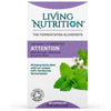 Living Nutrition Attention; laatikko Living Nutrition -luomufermentoituja Attention-kapseleita, kuvituksena vihreitä yrttejä ja violetteja kukkia; tekstissä korostetaan adaptogeenisia ainesosia: bakopaa, aasiankentteliä ja sitruunamelissaa; sisältää 60 kapselia; suorakulmainen laatikko mattapinnalla valkoisella taustalla vihrein ja violetein korostein; groteskikirjasin eri kokoisin avaintiedoille; ei ihmisiä tai käsiä näkyvissä; tuote kuvattu selkeässä edestäpäin otetussa kuvassa.