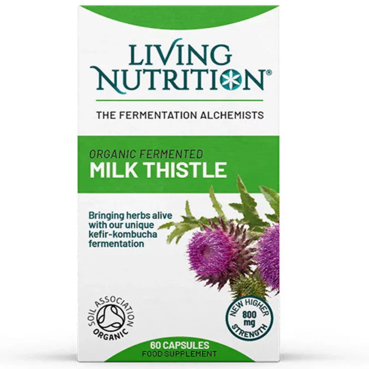 Living Nutrition Fermentoitu Maarianohdake; laatikko Living Nutrition -luomufermentoituja maarianohdakekapseleita, suuri yksityiskohtainen maarianohdakekukan kuva ja luomusertifiointimerkintä; pakkaus on suorakulmainen mattapintaista pahvia, esittää tiedot "60 kapselia" ja "800 mg"; tausta yksivärinen; groteskikirjasimia eri painoin selkeään tekstiin; ei ihmisiä tai käsiä näkyvissä.