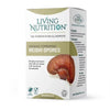 Living Nutrition Fermentoitu Reishi; valkoinen suorakaiteen muotoinen rasia tekstillä ”Living Nutrition Organic Fermented Reishi Spores”, kuvituksena punainen reishisieni; pakkaus mattapintainen mustalla ja punaisella groteskitekstillä; etusivulla mainittu 60 vegaanista kapselia ja luomukefiiri-kombutsakäymisprosessi; kuvattu tasaisella taustalla ilman ihmisiä tai muita esineitä.