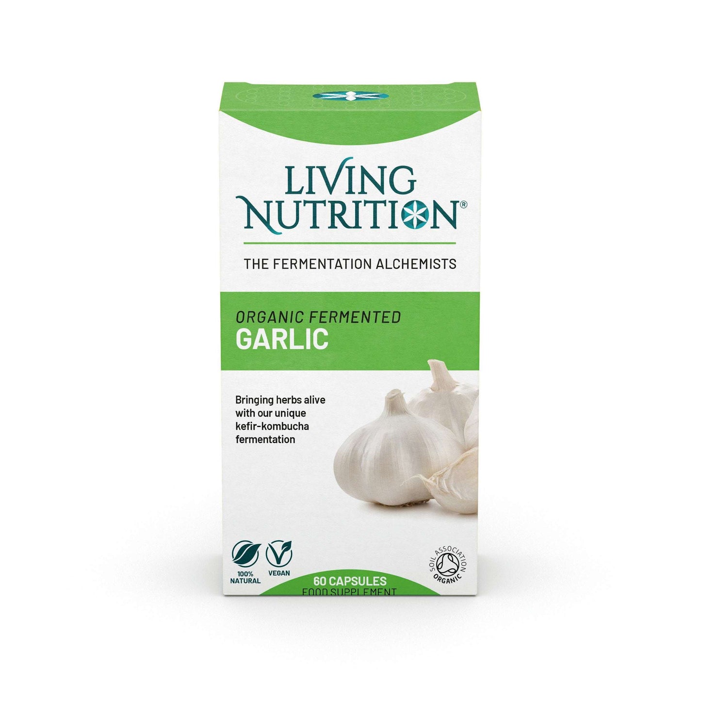 Living Nutrition Fermentoitu Valkosipuli, pakkaus luomua fermentoitua valkosipulikapselia, etusivulla valkosipulinkynsien kuva; suorakaiteen muotoinen pakkaus pääosin valkoinen vihrein ja ruskein korostuksin, mattapintainen, selkeä tuotekuvaus; groteskityyppinen typografia brändille ja ominaisuuksille; etikettitekstissä "vegan", "100% natural", "probiotic support" ja "60 capsules"; tausta valkoinen, tavanomainen tuotekuva ilman ihmisiä tai käsiä.