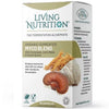 Living Nutrition Myco Blend; Living Nutrition -laatikko luomufermentoituja sienikapseleita nimellä Myco Blend; suorakulmainen pahvilaatikko mattapinnalla, pääosin valkoinen ruskein ja oranssein korostein; pakkauksessa kuvia kordysepsistä, siilitatista ja reishi-sienestä etupaneelissa; teksti korostaa kefir-kombucha-fermentaatioprosessia paremman biosaatavuuden saavuttamiseksi; laatikko ilmoittaa sisältävänsä 60 kapselia; ei ihmisiä tai käsiä näkyvissä; tausta yksivärinen.