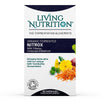 Living Nutrition NitroX; laatikko Living Nutrition -luomufermentoituja NITROX-kapseleita, 60 kappaletta ilmoitettu, suorakulmainen ja mattapintainen; etuosassa tyylitellyt kukka- ja punajuurikuvat, etiketissä mainitaan kefir-kombucha-fermentaatio ja Soil Association -luomusertifiointi; typografia lihavoitu ja groteski päätuotenimessä; vaalea tausta, ei ihmisiä tai käsiä näkyvissä.