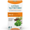 Living Nutrition Sibo-Go; suorakulmainen laatikko Living Nutrition Organic Fermented SIBO-GO -kapseleita mattapinnalla; laatikko pääosin valkoinen vihrein ja violetein tehostein, selkeä groteskityyppografia sekä kuvia valkosipulista, oreganosta, timjamista ja neilikoista etupuolella; pakkausteksti mainitsee vegaani- ja luomustatuksen sekä 60 kapselia; pelkistetty tausta, vain laatikko näkyvissä.