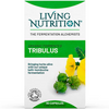 A box of Living Nutrition Organic Fermented Tribulus capsules is shown standing upright. The packaging is mostly white with green and yellow accents, printed matte. Illustrations of yellow flowers and green leaves are on the front. The label includes the brand name in bold, sans-serif type, references to kefir-kombucha fermentation, and Soil Association organic certification. There are no people or hands visible; plain background. A box of Living Nutrition Organic Fermented Tribulus capsules, featuring