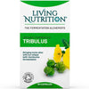 Living Nutrition Tribulus; rasia Living Nutrition Organic Fermented Tribulus -kapseleita seisoo pystyssä; pakkaus pääosin valkoinen vihrein ja keltaisin tehostein, painettu mattapinnalle; etusivulla kuvituksia keltaisista kukista ja vihreistä lehdistä; etiketissä brändinimi lihavoidulla tikkukirjasimella, mainita kefiiri-kombutsakäymisestä ja Soil Association -luomusertifioinnista; ei ihmisiä tai käsiä näkyvissä; tausta tasainen