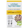 Living Nutrition Your Flora Regenesis; laatikko Living Nutrition Your Flora Regenesis -luomuravintolisää artisokka- ja sikurikuvituksin etupuolella; laatikko suorakulmainen mattapinnalla, pääosin neutraalein sävyin ja värillisin kuvituksin; huomionarvoinen typografia yksinkertaista selkeää groteskia tuotenimelle ja väitteille; etiketit mainitsevat vegaanisuuden, luomun, gluteenittomuuden ja 60 kapselia; pelkistetty tausta, ei ihmisiä tai käsiä, kuvattu suoraan edestä silmän korkeudelta.