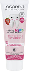 Logona Happy Kids Hammasgeeli Mansikka; tuubi Logodent Naturkosmetik Happy Kids -mansikkahammastahnaa 0–6-vuotiaille; tuubi on valkoinen, yläosassa vaaleanpunainen alue, mattapintainen, painettuna sarjakuvamainen hymyilevä hammas ja punainen mansikka; pääteksti on saksankielinen groteskifontti; korkki on valkoinen ja litteä; tausta vaalea ja yksivärinen, ei ihmisiä tai käsiä kuvassa.