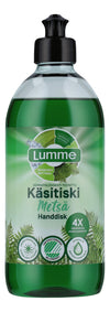 A green plastic bottle of Lumme Metsä hand dishwashing liquid with a tall, rounded rectangular shape and a glossy finish. The black screw cap is ribbed. The front label shows illustrated fern leaves and carries environmental certification icons. Typographic style is simple and sans-serif. Only the product is visible, isolated on a plain background in a standard product shot.