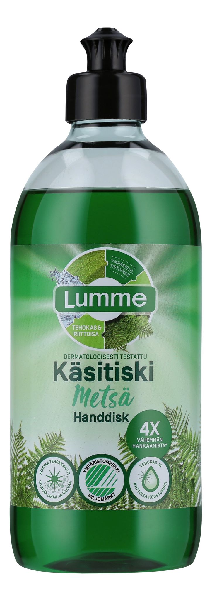 A green plastic bottle of Lumme Metsä hand dishwashing liquid with a tall, rounded rectangular shape and a glossy finish. The black screw cap is ribbed. The front label shows illustrated fern leaves and carries environmental certification icons. Typographic style is simple and sans-serif. Only the product is visible, isolated on a plain background in a standard product shot.