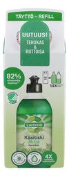 A green and white plastic bottle of Lumme Handdish liquid refill has a matte finish and a rectangular shape with rounded edges. The label displays Finnish text, eco-friendly claims, and clear refill instructions in simple sans-serif typography. The cap is white and flat. No people or hands are present. Studio shot on a plain background. A green and white bottle of Lumme Handdish liquid refill features Finnish text, eco-friendly claims, and clear refill instructions on the packaging.