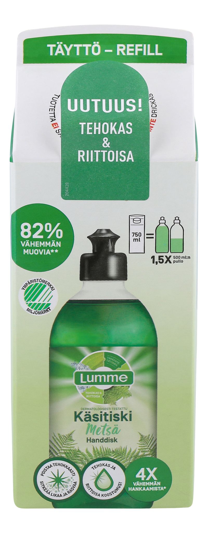 A green and white plastic bottle of Lumme Handdish liquid refill has a matte finish and a rectangular shape with rounded edges. The label displays Finnish text, eco-friendly claims, and clear refill instructions in simple sans-serif typography. The cap is white and flat. No people or hands are present. Studio shot on a plain background. A green and white bottle of Lumme Handdish liquid refill features Finnish text, eco-friendly claims, and clear refill instructions on the packaging.
