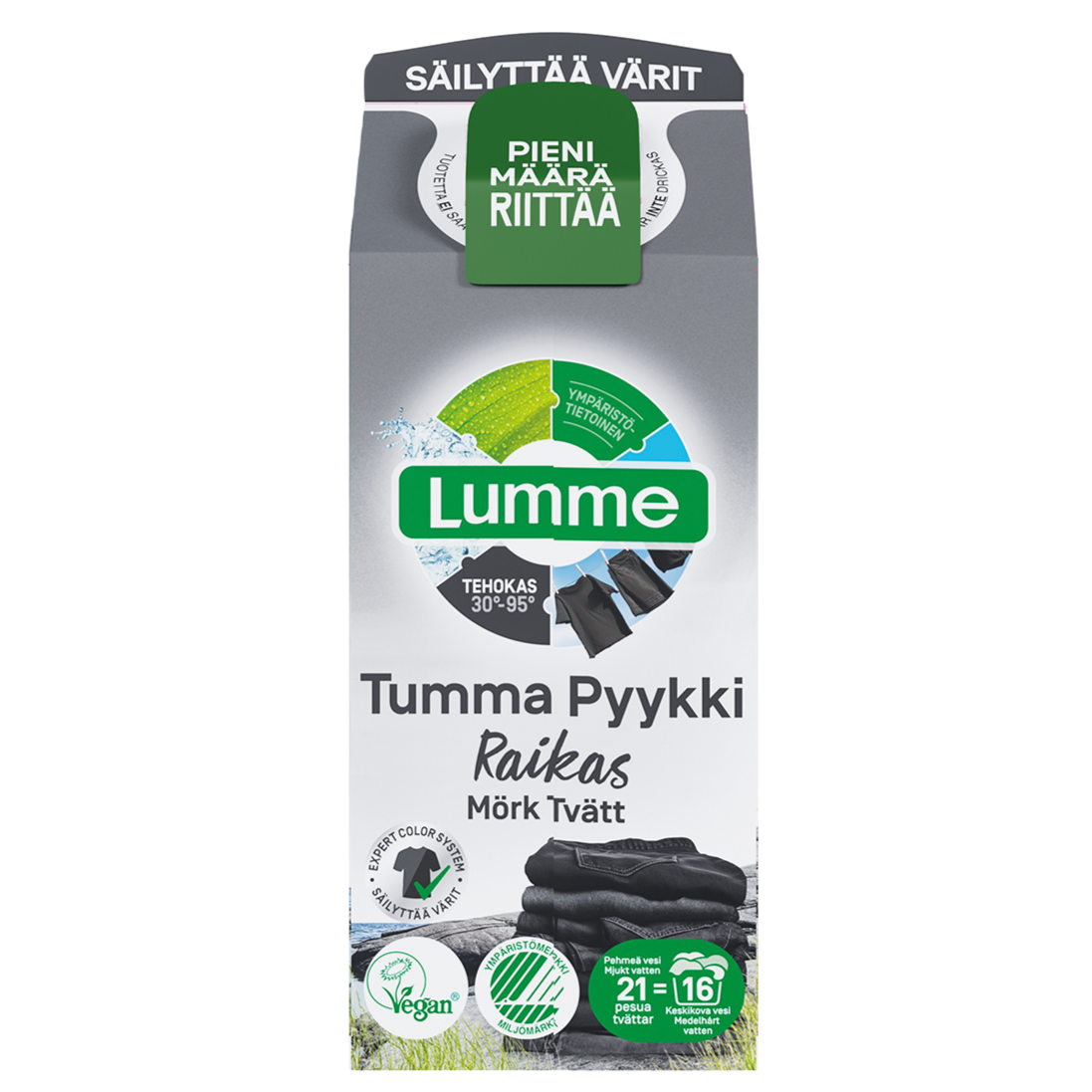 Lumme Pyykinpesuneste Tumma Pyykki Raikas; pakkaus Lumme-pyykinpesunestettä tekstillä ”Tumma Pyykki Raikas”; astia suorakaiteen muotoinen mattaharmaalla ja vihreällä pinnalla; grafiikoissa mustia vaatteita, ympäristömerkkejä ja kuvakkeita; groteskikirjasinta tuotenimelle ja tiedoille tummasta pyykistä ja vegaanisista ainesosista; ei ihmisiä tai käsiä; tausta yksivärinen ja neutraali.
