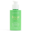 Luonkos Boost Unity Cleansing Oil; vihreä, lieriömäinen muovipullo mustalla pumppuannostelijalla ja kiiltäväpinnalla; pakkauksessa lukee LUONKOS Boost UNITY Cleansing Oil, for all skin types, 100 ml, selkeällä groteski- ja serif-fontilla; etiketissä myös maininta luonnollisen mikrobiomin vahvistamisesta ja ihon tasapainottamisesta; ei käsiä tai ihmisiä; tausta yksinkertainen ja siisti, neutraali valaistus.
