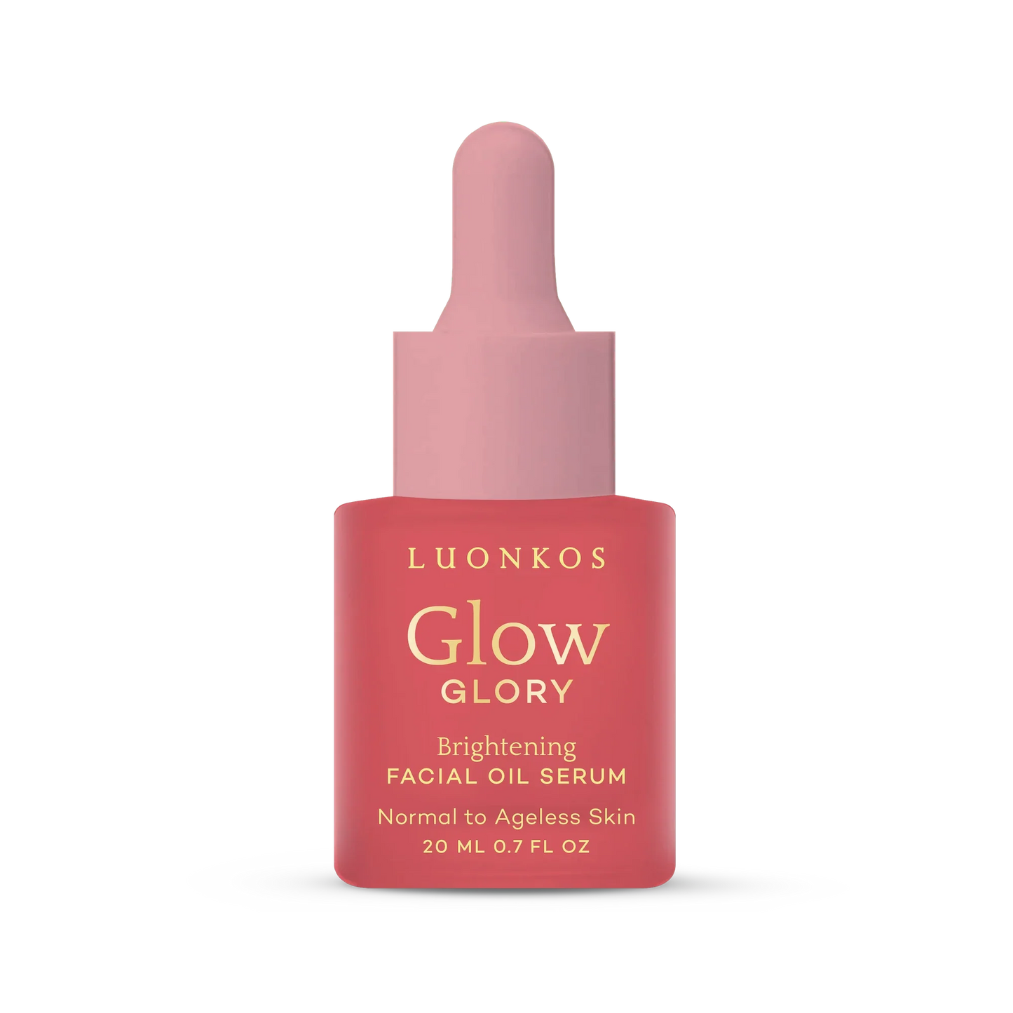Luonkos Glow & Shine Skincare Set; vaaleanpunainen tippapullo tekstillä ”LUONKOS Glow Glory Brightening Facial Oil Serum”, kaava normaalille ja ikäänkuulumattomalle iholle, 20 ml (0,7 fl oz), tasaisella valkoisella taustalla; pullo mattapintainen ja lieriömäinen pyöristetyin olkaosin, päällä valkoinen tippakorkki; etiketissä lihavoitua mustaa tikkukirjasinta; ei ihmisiä tai esineitä kuvassa; suoraviivainen tuotekuva.
