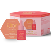 Luonkos Glow & Shine Skincare Set; Luonkos Glow -ihonhoitosarja, jossa vaaleanpunainen kuusikulmainen puhdistuspala mattapinnalla, pieni vaaleanpunainen lasinen tippapullo ja värikäs suorakaiteen muotoinen tuoterasia kirkkain värein ja yksinkertaisella tikkukirjasintypografialla; sarja aseteltuna tasaiselle valkoiselle taustalle; ei ihmisiä tai käsiä näkyvissä kuvassa.