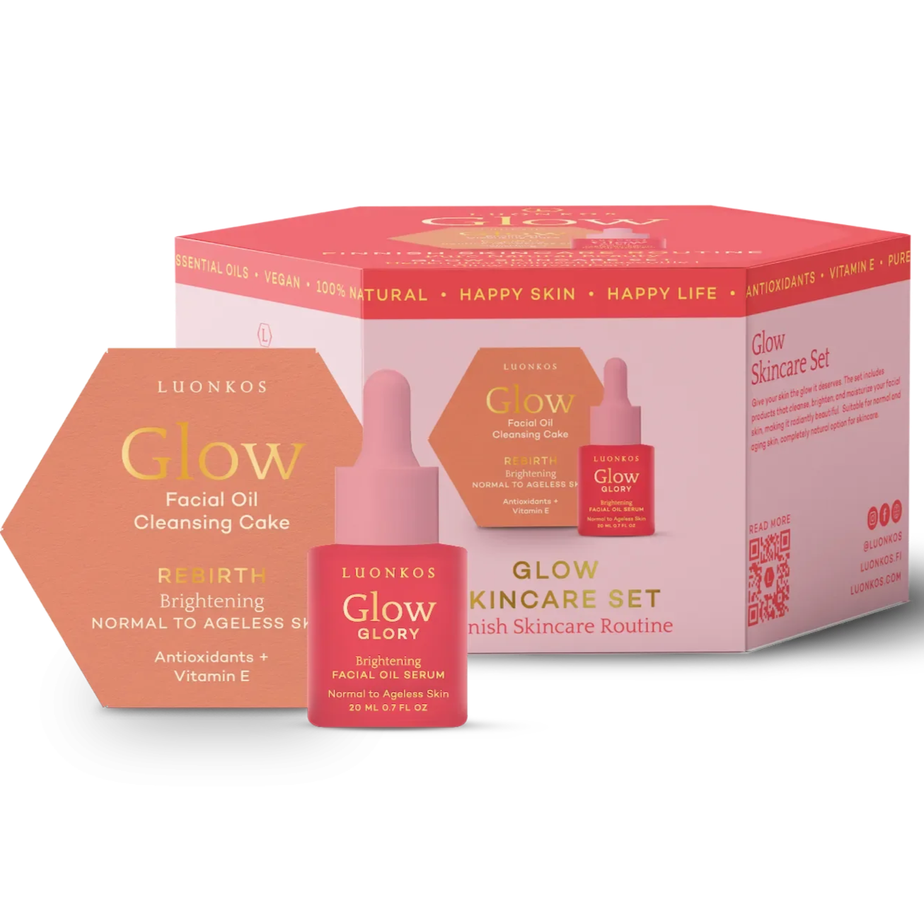Luonkos Glow & Shine Skincare Set; Luonkos Glow -ihonhoitosarja, jossa vaaleanpunainen kuusikulmainen puhdistuspala mattapinnalla, pieni vaaleanpunainen lasinen tippapullo ja värikäs suorakaiteen muotoinen tuoterasia kirkkain värein ja yksinkertaisella tikkukirjasintypografialla; sarja aseteltuna tasaiselle valkoiselle taustalle; ei ihmisiä tai käsiä näkyvissä kuvassa.
