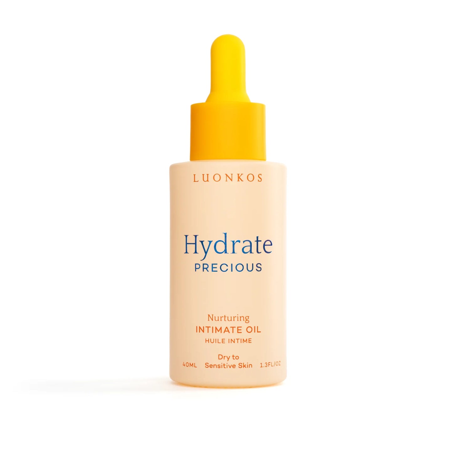Luonkos Hydrate Precious -intiimiöljypullo keltaisella pipettikorkilla, muotoiltu kuivalle ja herkälle iholle sekä rikastettu kosteuttavilla ainesosilla; pullo lieriömäinen mattapinnalla ja minimalistisella etikettikirjasimella; tausta yksinkertainen ja hyvin valaistu; ei ihmisiä tai käsiä näkyvissä.