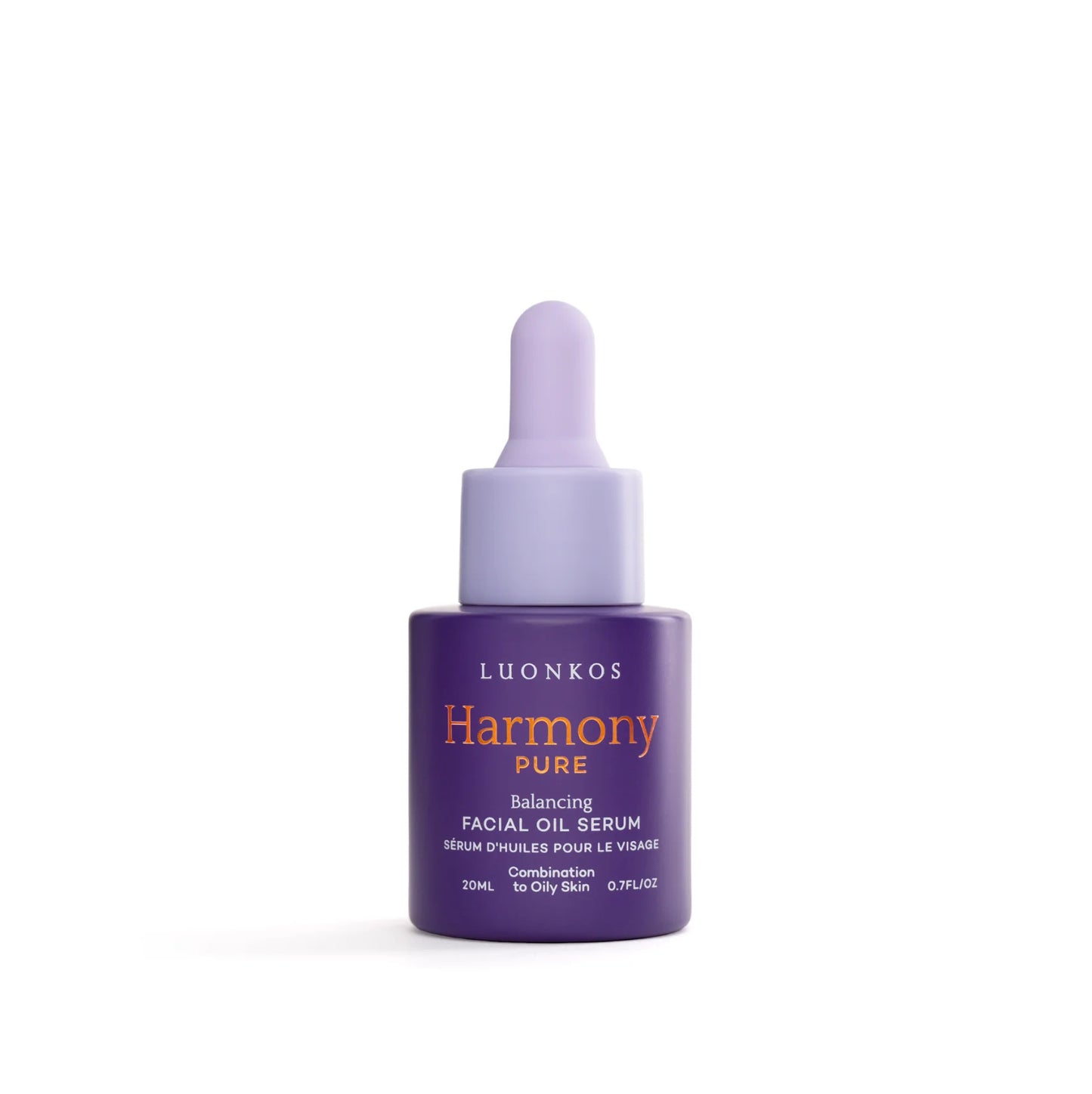 Violetti LUONKOS Harmony Pure Balancing Facial Oil Serum -pullo laventelinvärisellä pipettikorkilla, tarkoitettu sekaiholle ja rasvoittuvalle iholle, koko 20 ml, kuvattuna valkoisella taustalla; pullo lieriömäinen kiiltäväpinnalla, etikettiteksti selkeällä groteskikirjasimella; ei ihmisiä tai käsiä näkyvissä. Tämä seerumi auttaa tasapainottamaan ja hoitamaan ihoa.