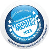 Sininen-valkoinen "Luotetuin Merkki 2023" -pyöreä sinetti tähtikuvioin, Readers Digest; kiiltäväpintainen, lihavoitu groteskiteksti