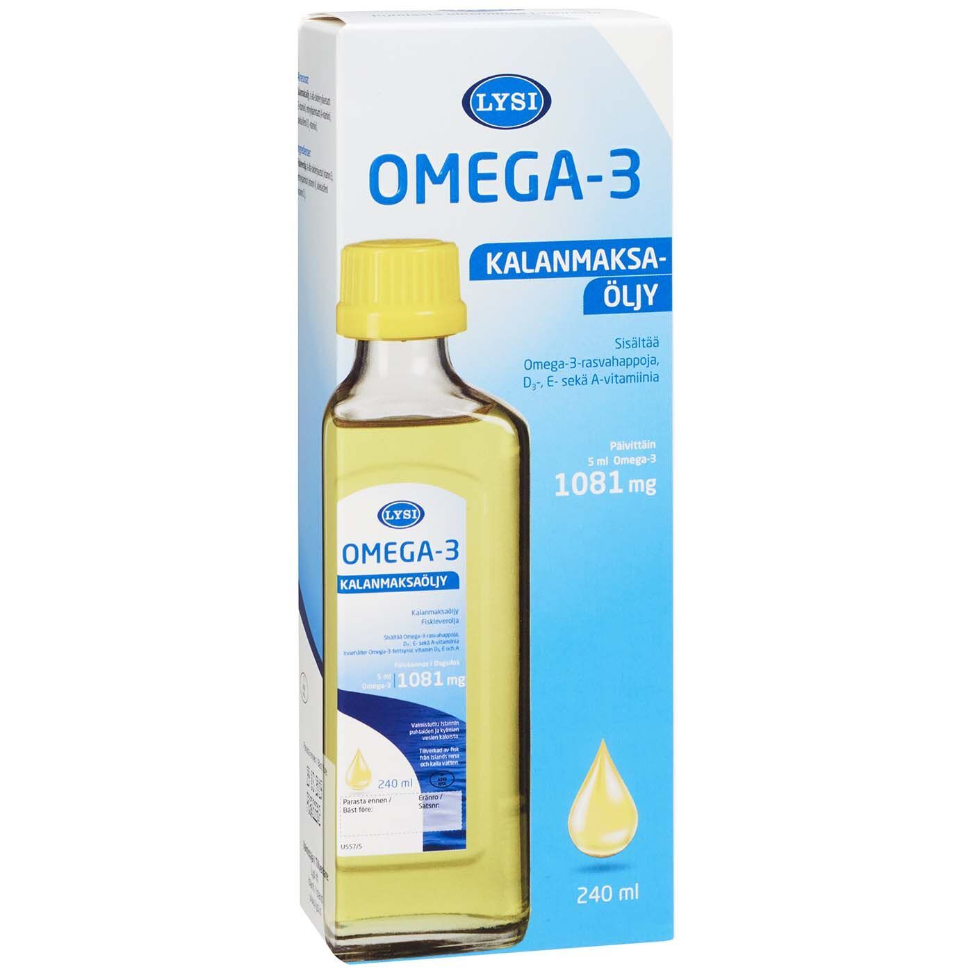 A bottle and box of Lysi Omega-3 fish oil, 240 ml, labeled in Finnish. The rectangular box has a matte finish with blue and yellow text on a white background and displays a stylized yellow oil droplet graphic. The bottle is opaque white plastic with similar blue and yellow labeling. Sans-serif typography is used. No people or hands are visible; the items are placed on a plain surface in a typical product shot.