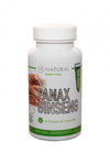 M-Natural Panax Ginseng: valkoinen muovipullo tekstillä "Panax Ginseng" ja kuvitettu ginsengjuuri; etiketissä luettavissa teksti 60 kasvikapselia, Natural Ingredients – 36 g ja Simply Pure -ginsenguute; pullon pinta on mattaa, muoto sylinterimäinen; lihavoitu groteskikirjasin mustalla ja vihreällä; studiotausta tasaisella valaistuksella, ei ihmisiä tai käsiä näkyvissä.