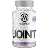 M-Nutrition Joint -nivelravintolisä; läpinäkyvä muovipullo valkoisella kierrekorkilla, sisällä valkoisia kapseleita; kiiltävä etiketti geometrisin kuvioin, teksti JOINT, NUTRITION INNOVATION, QUALITY ja ADVANCED JOINT FORMULA isoin kirjaimin; kuvattu valkoisella taustalla ilman ihmisiä.