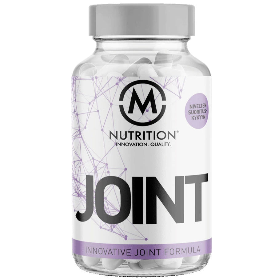M-Nutrition Joint -nivelravintolisä; läpinäkyvä muovipullo valkoisella kierrekorkilla, sisällä valkoisia kapseleita; kiiltävä etiketti geometrisin kuvioin, teksti JOINT, NUTRITION INNOVATION, QUALITY ja ADVANCED JOINT FORMULA isoin kirjaimin; kuvattu valkoisella taustalla ilman ihmisiä.