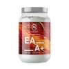 M-Nutrition EAA+ -aminohappojauhe, maku Hedelmäpunssi; valkoinen mattapintainen muovipurkki, punainen ja oranssi abstrakti kuvio, maku Fruit Punch mainittu etuosassa; lihavoitu groteski-tekstityyppi; kuvattu suoraan edestä valkoisella taustalla, ei ihmisiä.