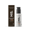 Pullo ja laatikko MÁDARA-luomukosmetiikan HIS After Shave Serum -tuotetta, joka on muotoiltu rauhoittavaksi, 75 ml. Valkoisessa pullossa on musta pumppu ja mattapinta, lieriömäinen muoto ja niukkaa mustaa typografiaa. Laatikon pinta on tummanruskea ja mattainen, valkoista ja oranssia pääteviivatonta tekstiä. Ihmisiä tai käsiä ei näy. Tausta on yksivärinen, tavanomainen tuotekuvan asettelu.
