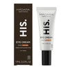 Madara HIS Eye Cream; tuubi ja laatikko silmänympärysvoidetta miehille, merkitty luomuihonhoidoksi luonnollisin ainesosin, koko 17 ml; tuubi on pääosin valkoinen, laatikko ruskea; molemmissa musta-harmaata groteskitekstiä; molemmilla mattapinta; tuote pystyasennossa valkoisella taustalla, ei ihmisiä näkyvissä.