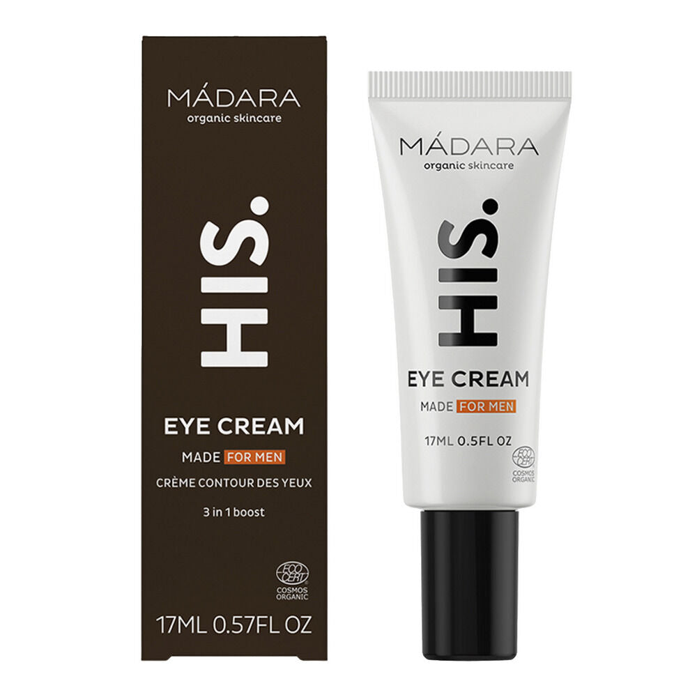 Madara HIS Eye Cream; tuubi ja laatikko silmänympärysvoidetta miehille, merkitty luomuihonhoidoksi luonnollisin ainesosin, koko 17 ml; tuubi on pääosin valkoinen, laatikko ruskea; molemmissa musta-harmaata groteskitekstiä; molemmilla mattapinta; tuote pystyasennossa valkoisella taustalla, ei ihmisiä näkyvissä.