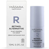 Madara Retinol Alternative Plant-Powered Eye Serum; MÁDARA Retinol Alternative Plant-Powered Eye Serum, 15 ml (0,5 fl oz), esillä laatikkonsa kera; sekä pullo että laatikko ovat vaaleanvioletteja mattapinnalla; pakkauksessa pelkistettyä mustaa tekstiä ja logoja suuraakkosgroteskilla; kuva on hyvin valaistu yksivärista taustaa vasten, ei ihmisiä tai toimintaa näkyvissä.