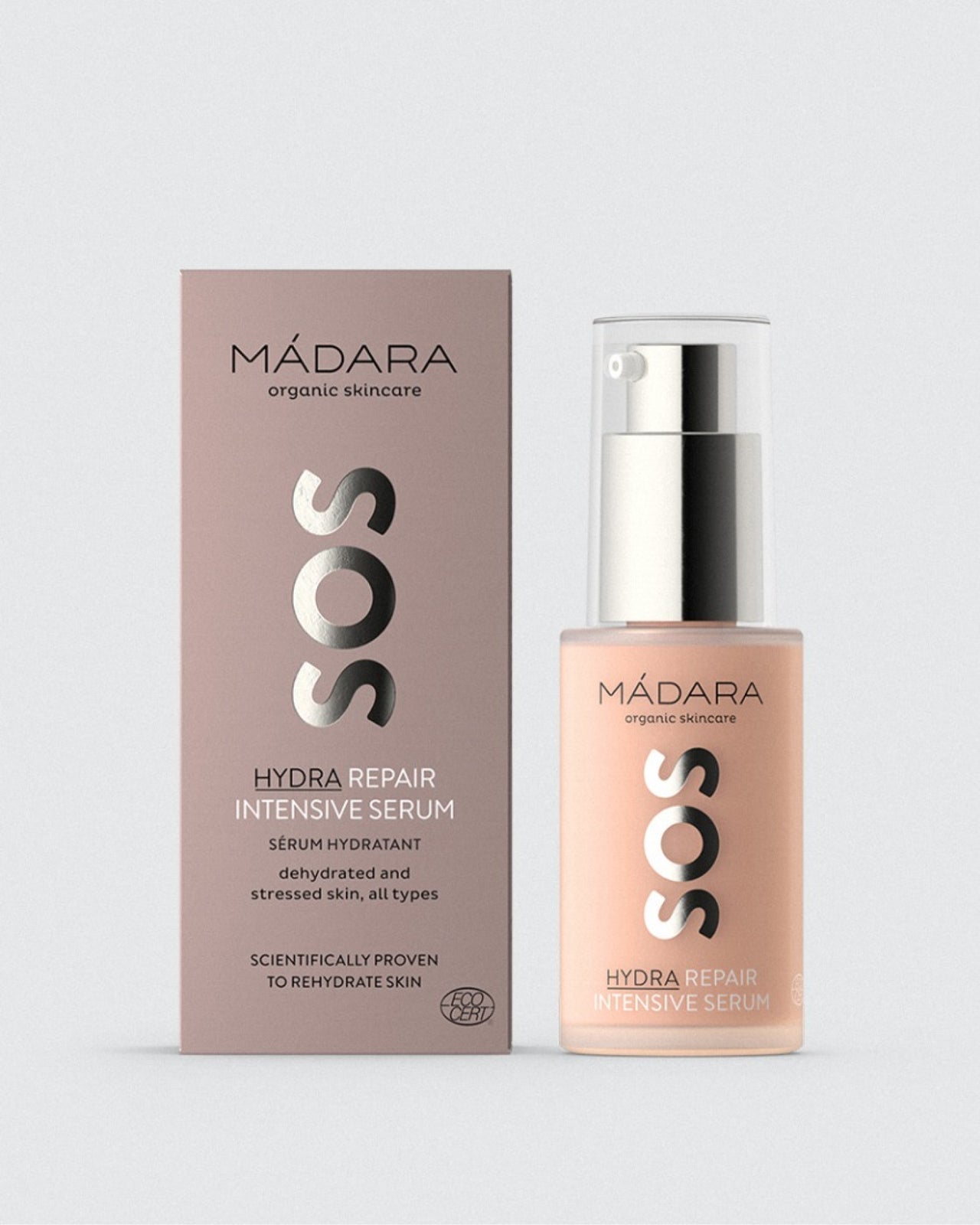 Madara SOS Hydra Seerumi 30 ml pumppupullo ja kotelo
