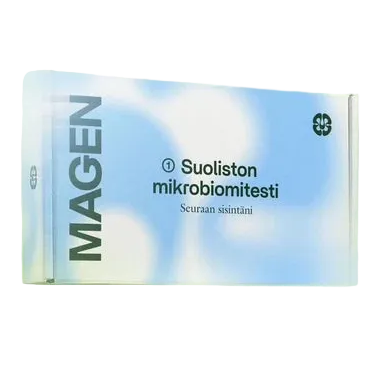Magen Suoliston Mikrobiomitesti -pakkaus vihreällä taustalla, sinisen pilvikuvion koristama laatikko, teksti "Seuraan sisintäni"