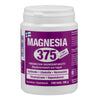 Magnesia 375 -purkki, valkoinen mattamuovi, sylinterinmuotoinen, violetti etiketti suomeksi ja ruotsiksi; sydän, lihakset, hermosto ja väsymys mainittu, lihavoitu groteskiteksti
