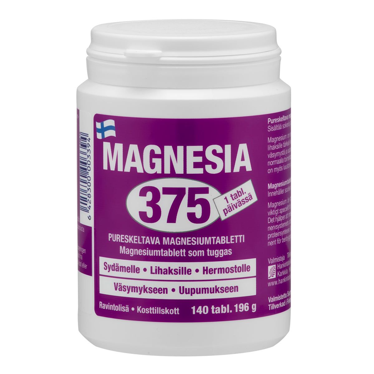 Magnesia 375 -purkki, valkoinen mattamuovi, sylinterinmuotoinen, violetti etiketti suomeksi ja ruotsiksi; sydän, lihakset, hermosto ja väsymys mainittu, lihavoitu groteskiteksti