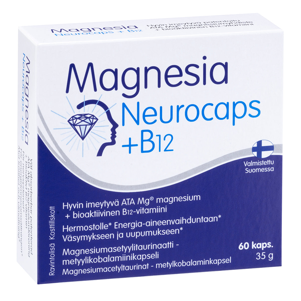 Magnesia Neurocaps + B12; rasia Magnesia Neurocaps + B12 -ravintolisää, 60 kapselia, suomenkielisin merkinnöin; suorakaiteen muotoinen rasia valkoisen ja sinisen värityksen ja mattapinnan kera; lihavoitua groteskityyppografiaa, suuri tuotenimi yläosassa, pienempiä yksityiskohtia alla; kuvakkeita ja graafisia elementtejä korostamassa magnesiumin ja B12-vitamiinin sisältöä sekä hermoston tukea ja väsymyksen vähenemistä; tasainen studiotausta, ei ihmisiä tai käsiä.
