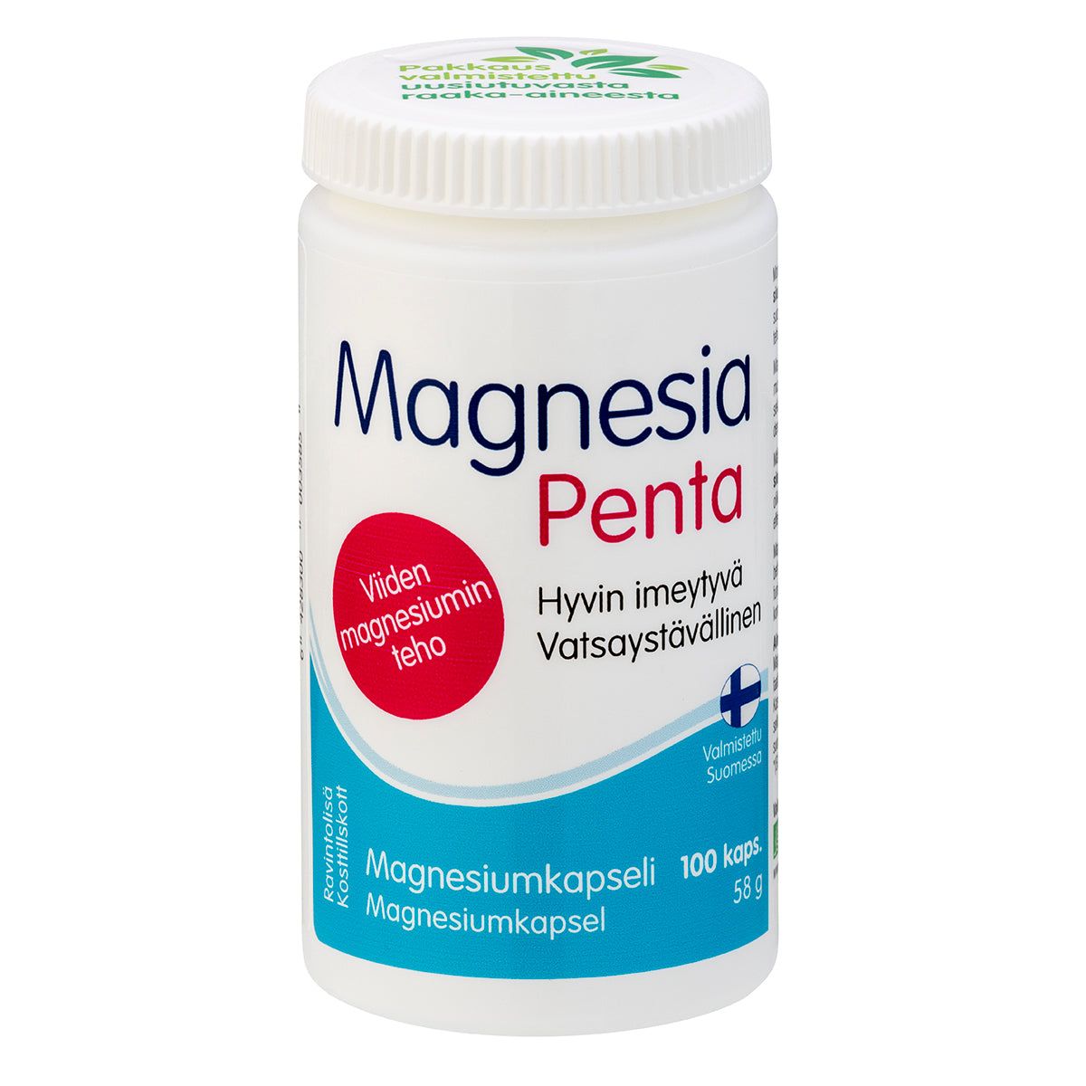 Magnesia Penta; valkoinen, lieriömäinen muovipullo mattapinnalla, kierrekorkki ja painettu etiketti; etiketissä "Magnesia Penta" suurin sinisin ja punaisin groteskikirjaimin, lisää suomenkielistä tekstiä sekä luku 100 kapselimäärästä; sininen palkki alaosassa tekstillä "Magnesiumkapseli" kontrastivärein; neutraali tausta, ei ihmisiä tai käsiä.