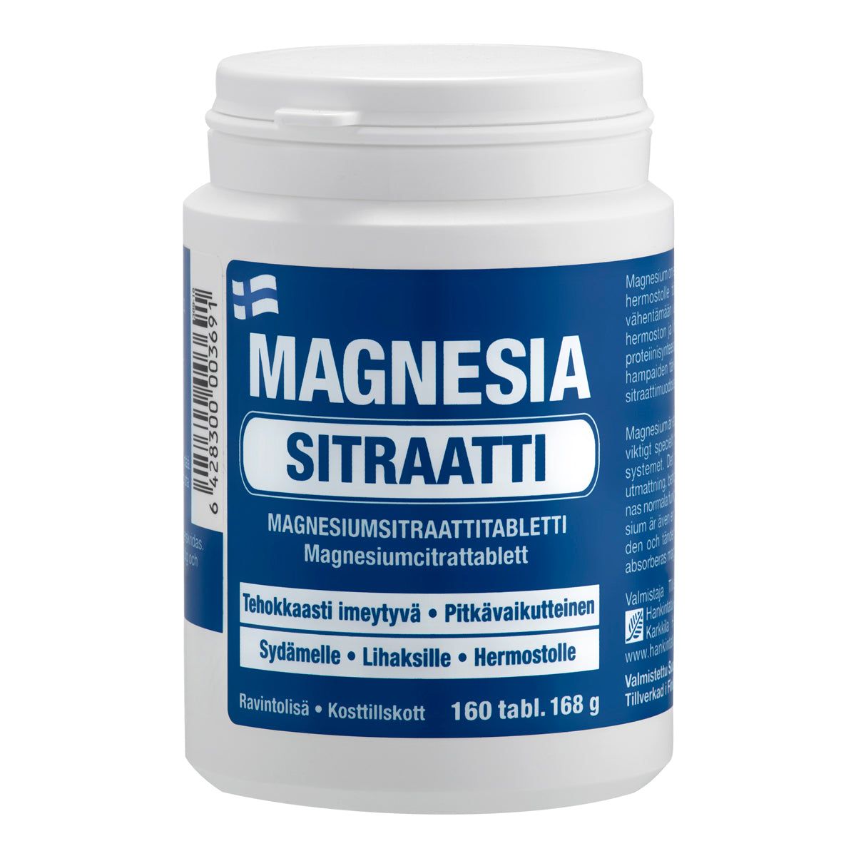 Magnesia Sitraatti -pullo, valkoinen-sininen, suomenkielinen teksti, 160 magnesiumsitraattitablettia sydämen, lihasten ja hermoston tueksi; mattapintainen pyöreä pullo tasaisella pohjalla, sininen lihavoitu groteskiteksti