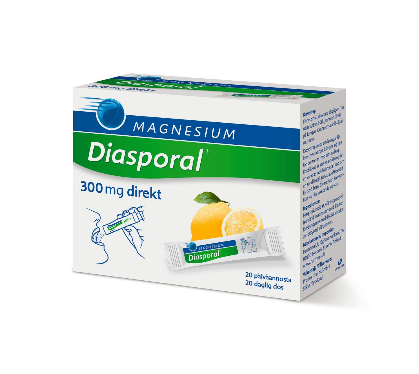 A box of Diasporal Magnesium 300 mg direkt with 20 daily doses, featuring a refreshing lemon and an easy-to-use sachet. The rectangular box is mostly white with blue, green, and yellow color blocks. Printed text on the front uses bold sans-serif fonts in varying sizes. A realistic lemon graphic appears near the product name. Background is plain and light-colored; no people or hands are shown in the image.