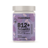 Makrobios B12+ folaatti -lisäravinnepullo violetilla mattaetiketillä, valkoinen muovikorkki, lieriömäinen muoto; etiketissä tyylitellyt valkoiset aivokuvitukset, lihavoitua suomenkielistä groteskitekstiä sekä merkintä 60 tablettia; pullo kuvattu tasaisesti valaistulla neutraalilla taustalla. Violetissa etiketissä aivokuvituksin ja suomenkielisellä tekstillä varustettu valkokorkkinen pullo sisältää 60 tablettia kognitiivisen toiminnan tueksi.