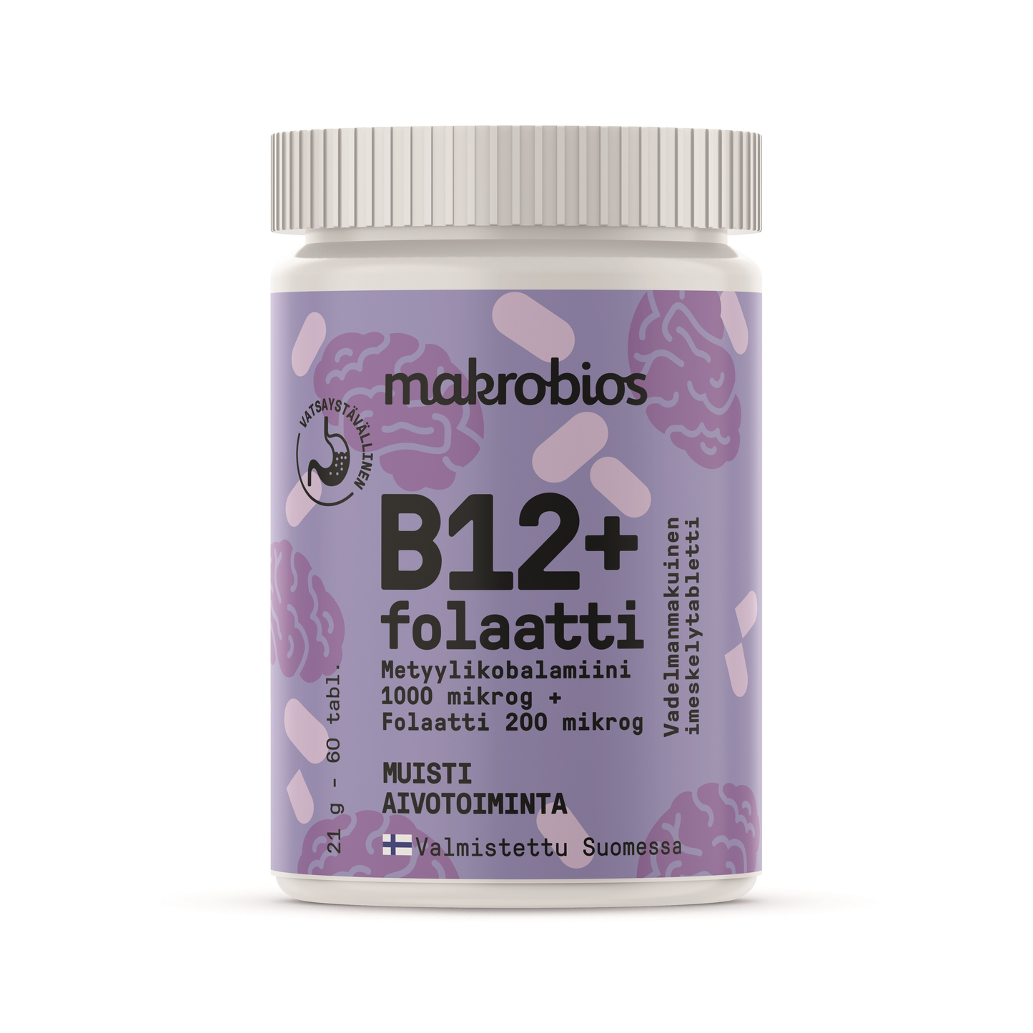 Makrobios B12+ folaatti -lisäravinnepullo violetilla mattaetiketillä, valkoinen muovikorkki, lieriömäinen muoto; etiketissä tyylitellyt valkoiset aivokuvitukset, lihavoitua suomenkielistä groteskitekstiä sekä merkintä 60 tablettia; pullo kuvattu tasaisesti valaistulla neutraalilla taustalla. Violetissa etiketissä aivokuvituksin ja suomenkielisellä tekstillä varustettu valkokorkkinen pullo sisältää 60 tablettia kognitiivisen toiminnan tueksi.