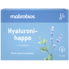 Makrobios Hyaluronihappo + C-vitamiini; sininen Makrobios-rasia laventelikukka- ja lehtikuvituksella; suorakulmainen matta rasia; etuosassa merkintä ”45 tbl” ja muu suomenkielinen teksti groteskilla; tuotenimi valkoisin kirjaimin; ei ihmisiä, valkoinen tausta.
